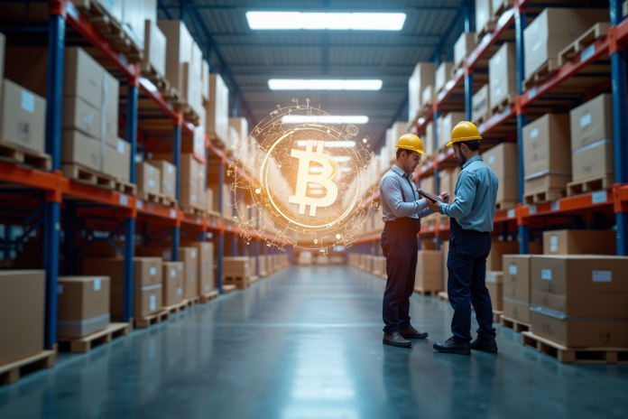 Entrepot moderne avec blockchain survolant l inventaire