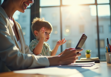 Cadre d'entreprise jonglant entre travail et famille avec dessin d'enfant