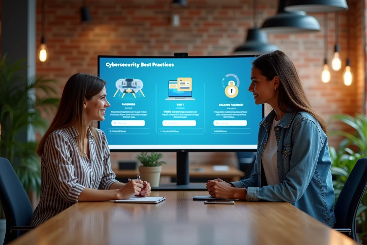 Équipe de professionnels discutant des bonnes pratiques de cybersécurité devant un écran dans un espace de coworking