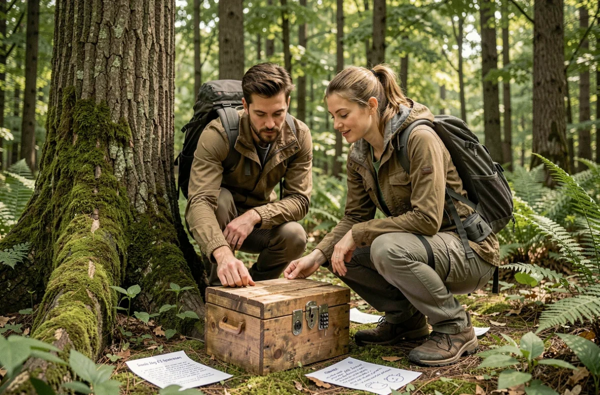 Deux adultes résolvant des énigmes en forêt lors de l'Escape Forest à Rosoy-en-Multien
