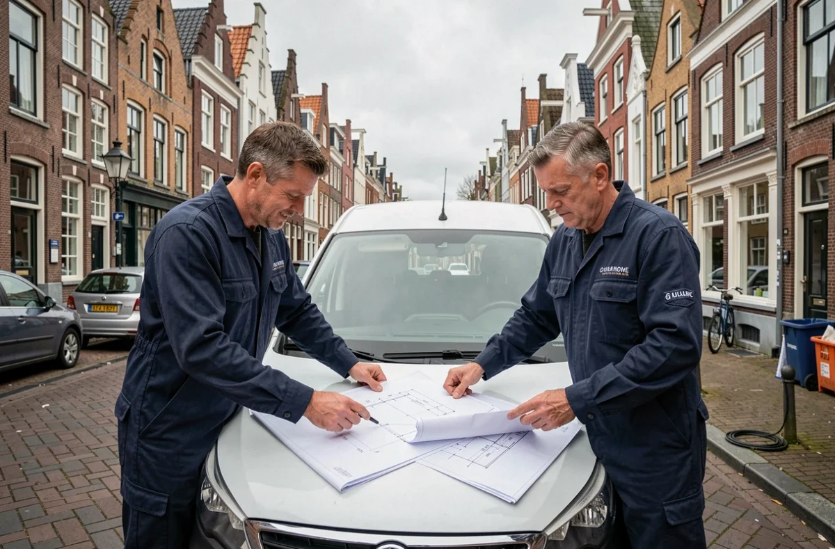 Deux plombiers d'une entreprise établie consultant des plans devant leur camionnette à Lille