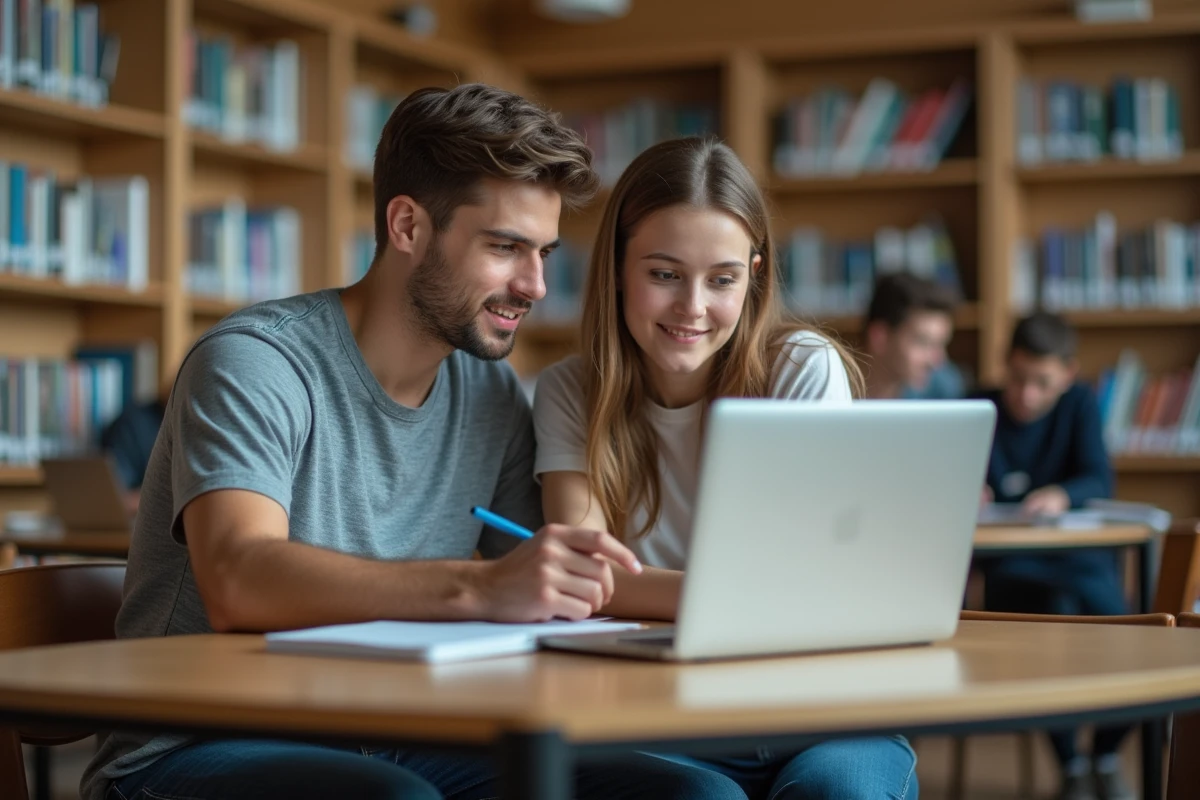 Deux jeunes étudiants explorant ensemble les archives et alternatives au forum 18-25 de JVC en bibliothèque universitaire