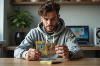 Jeune homme examinant attentivement une carte Pokémon de sa commande sur le site monpokedex, assis à son bureau