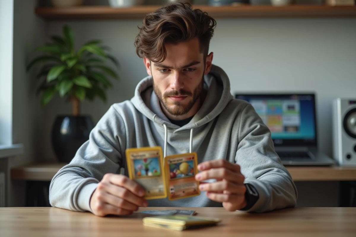 Jeune homme examinant attentivement une carte Pokémon de sa commande sur le site monpokedex, assis à son bureau