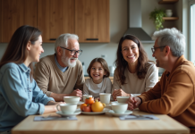 Famille multigenerational autour d'une table de cuisine chaleureuse