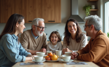 Changements dans les familles modernes : quels impacts aujourd’hui ? Famille multigenerational autour d'une table de cuisine chaleureuse