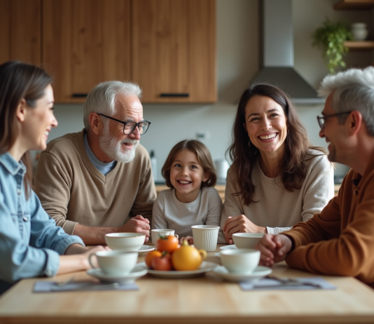 Changements dans les familles modernes : quels impacts aujourd’hui ? Famille multigenerational autour d'une table de cuisine chaleureuse