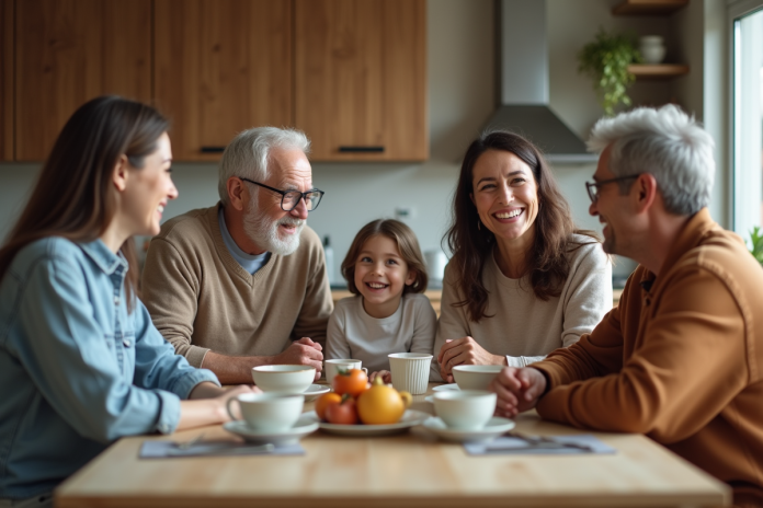 Famille multigenerational autour d'une table de cuisine chaleureuse