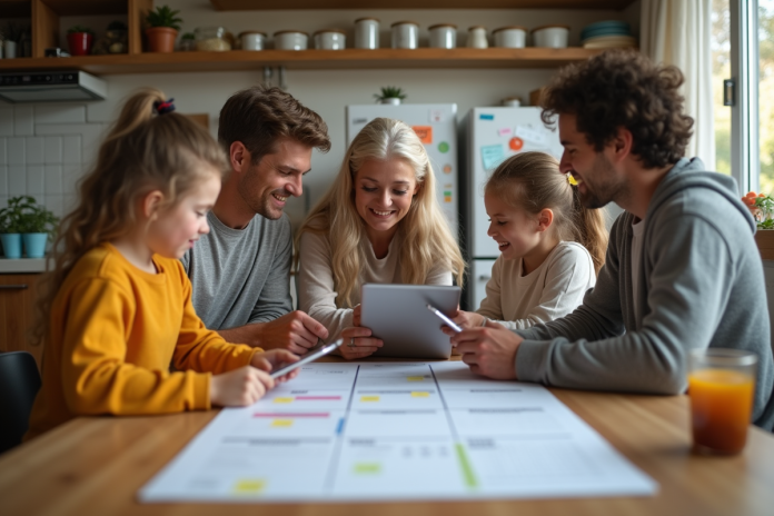 Famille multigenerations autour d'un calendrier familial