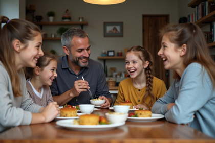 Famille recomposée partageant un repas convivial à la maison