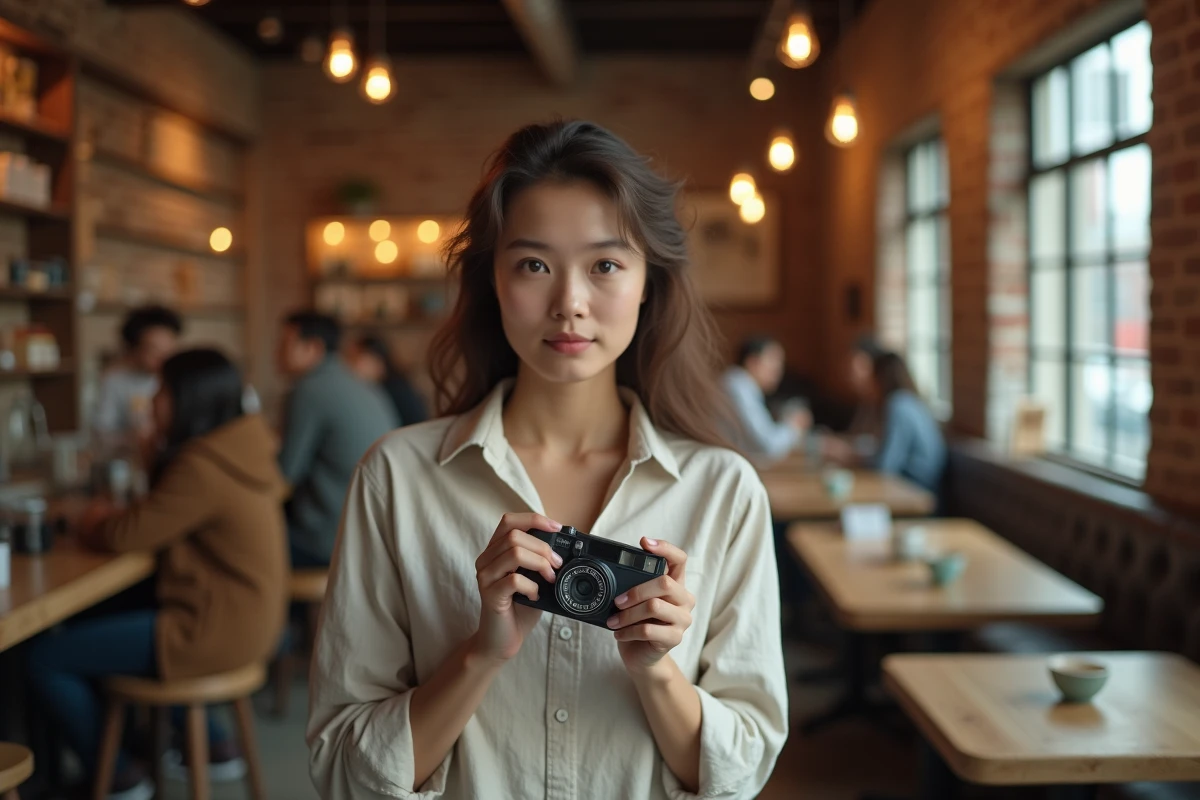 Jeune femme tenant un appareil photo jetable réutilisable dans un café urbain, illustrant les erreurs courantes de prise de vue