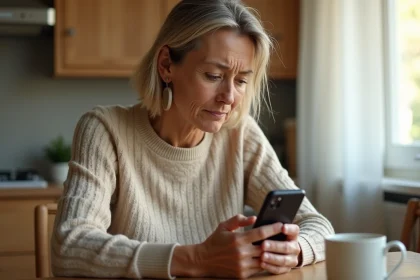 Femme recevant un appel téléphonique indésirable en 02 70 sur son smartphone dans une cuisine