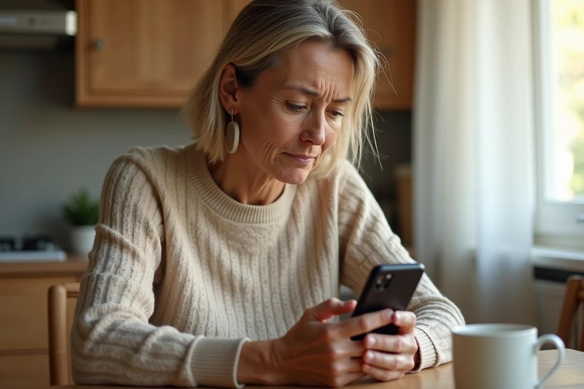 Femme recevant un appel téléphonique indésirable en 02 70 sur son smartphone dans une cuisine