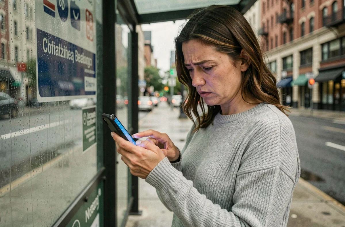 Femme frustrée consultant son smartphone à un arrêt de bus pour trouver l'horaire 378 quand le site officiel ne fonctionne pas