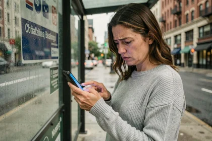 Femme frustrée consultant son smartphone à un arrêt de bus pour trouver l'horaire 378 quand le site officiel ne fonctionne pas