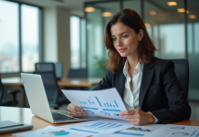Femme en costume analysant des rapports de marché dans un bureau moderne