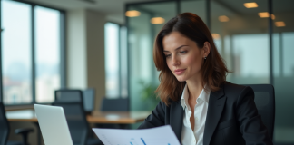 Femme en costume analysant des rapports de marché dans un bureau moderne