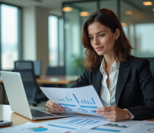 Femme en costume analysant des rapports de marché dans un bureau moderne