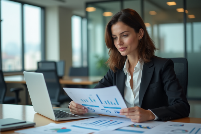 Femme en costume analysant des rapports de marché dans un bureau moderne