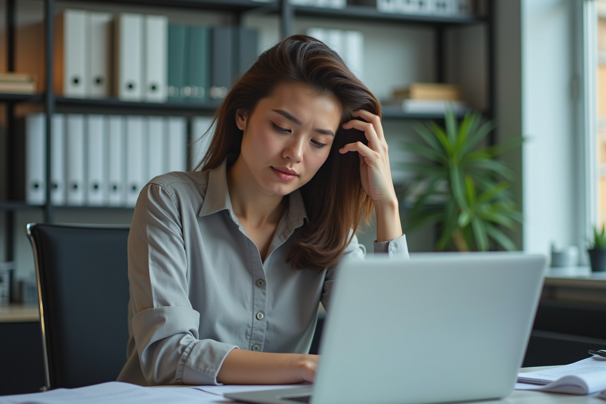 Femme au bureau en pleine réflexion préoccupée