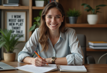 Jeune femme au bureau en train de cocher une liste