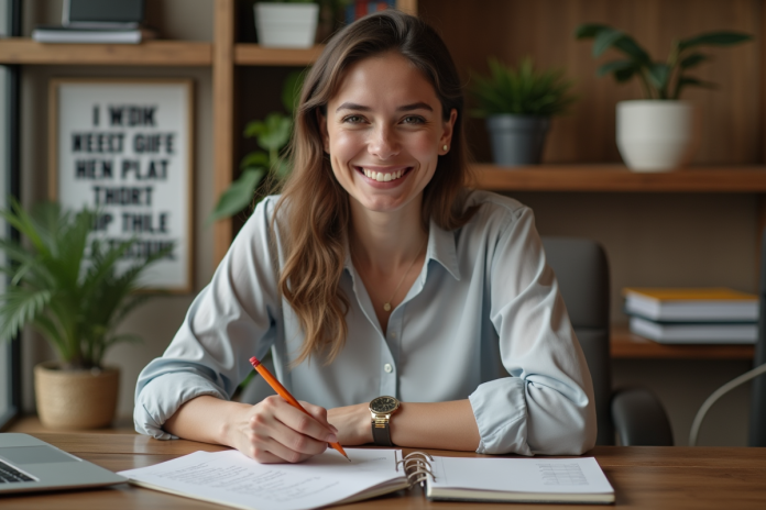 femme-bureau-confiance Jeune femme au bureau en train de cocher une liste