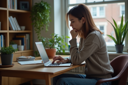 Femme assise à son bureau à la maison avec un regard pensif