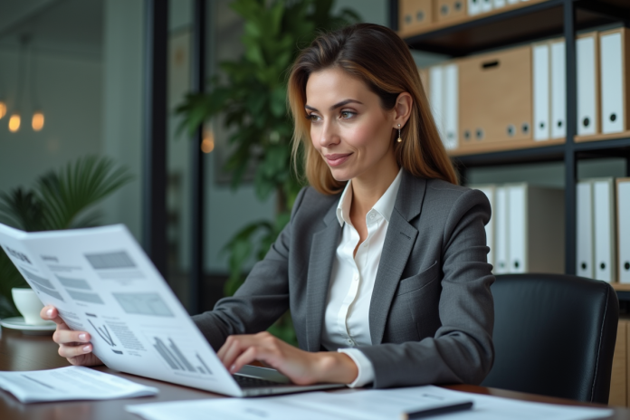 Femme d affaires concentrée sur ses documents financiers