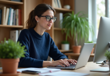 Maîtrisez le chat GPT grâce à nos cours en ligne détaillés et interactifs Femme concentrée en formation en ligne dans un bureau moderne