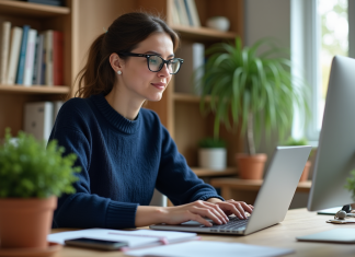 Maîtrisez le chat GPT grâce à nos cours en ligne détaillés et interactifs Femme concentrée en formation en ligne dans un bureau moderne