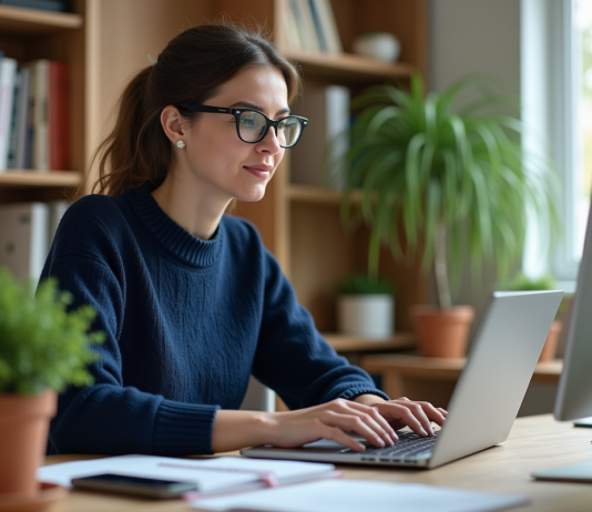 Maîtrisez le chat GPT grâce à nos cours en ligne détaillés et interactifs Femme concentrée en formation en ligne dans un bureau moderne