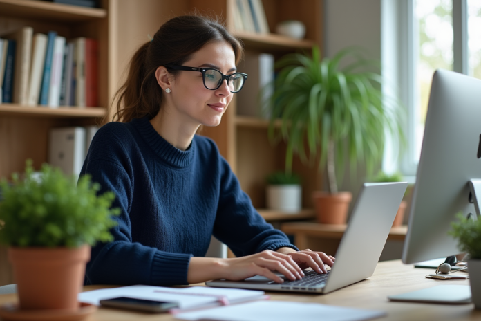 femme-bureau-formation-en-ligne Femme concentrée en formation en ligne dans un bureau moderne