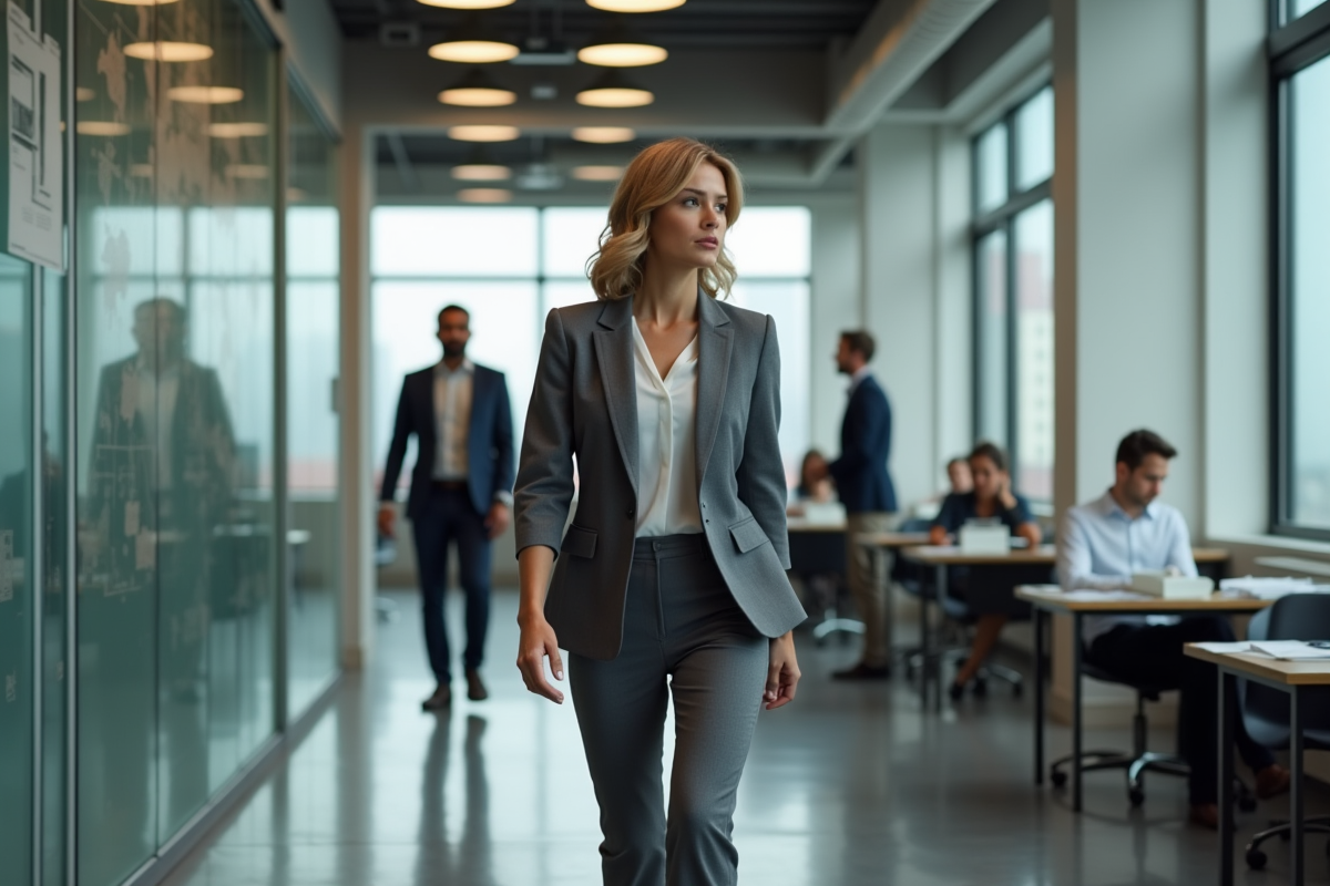 Femme d affaires marchant dans un bureau immobilier moderne