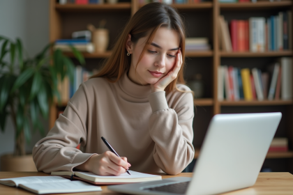 Jeune femme assise à un bureau moderne en train de prendre des notes
