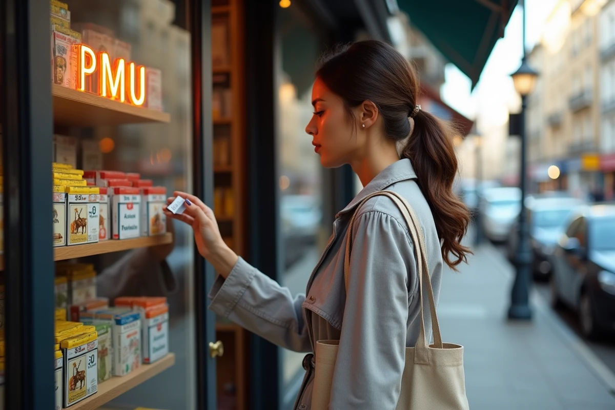 Femme devant un bureau de tabac examinant le prix du tabac à rouler Camel 30g en vitrine