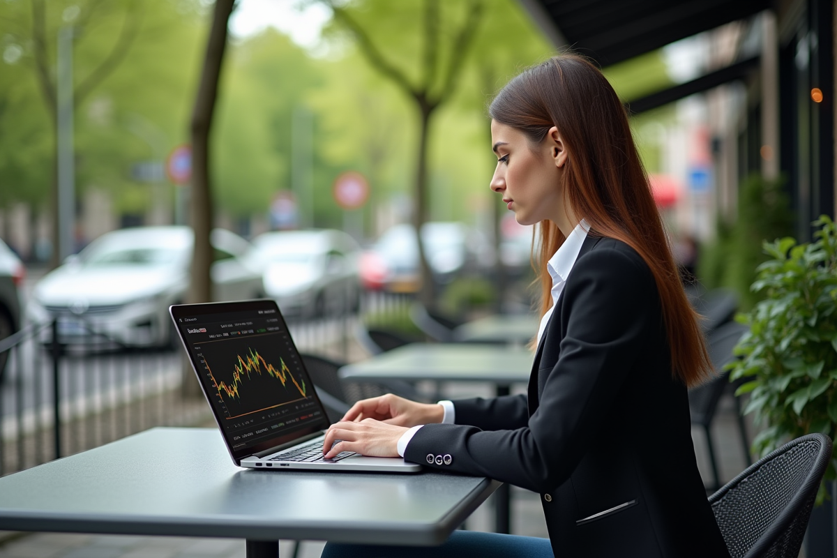 Jeune femme analyse un graphique automobile sur son ordinateur