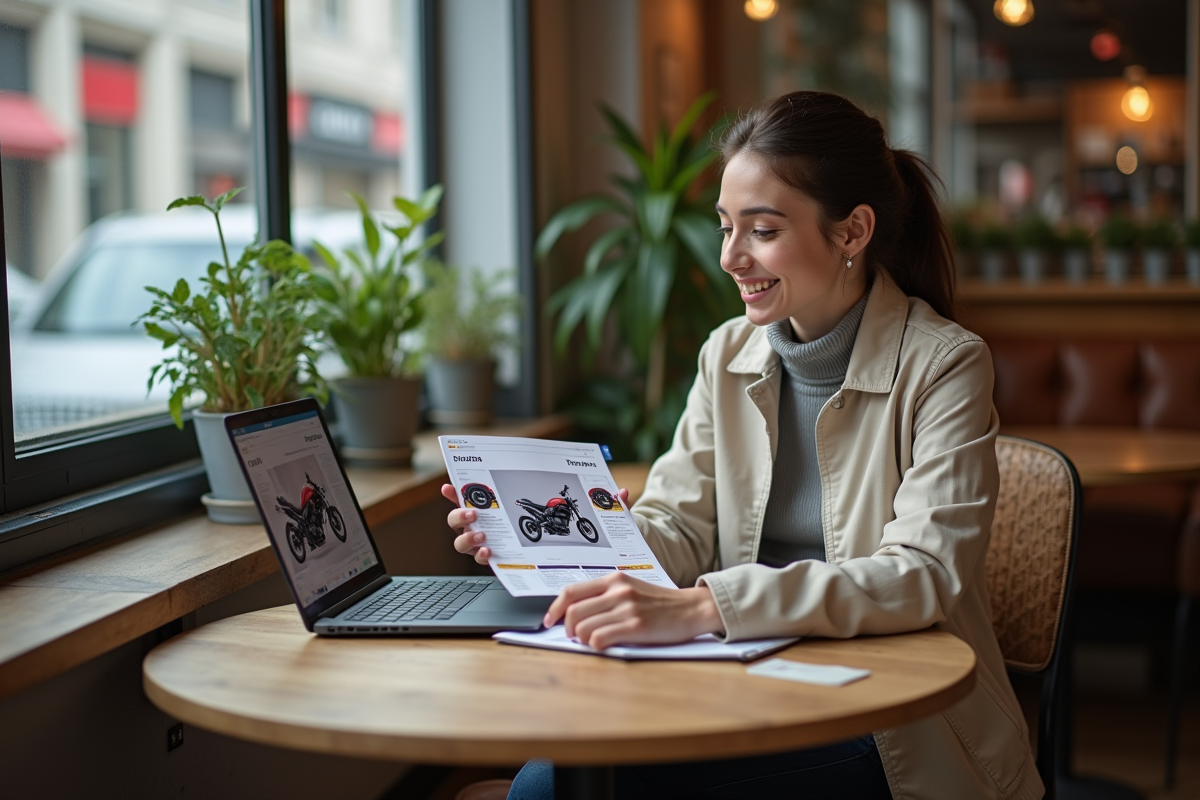 Jeune femme consultat des annonces de motos dans un cafe
