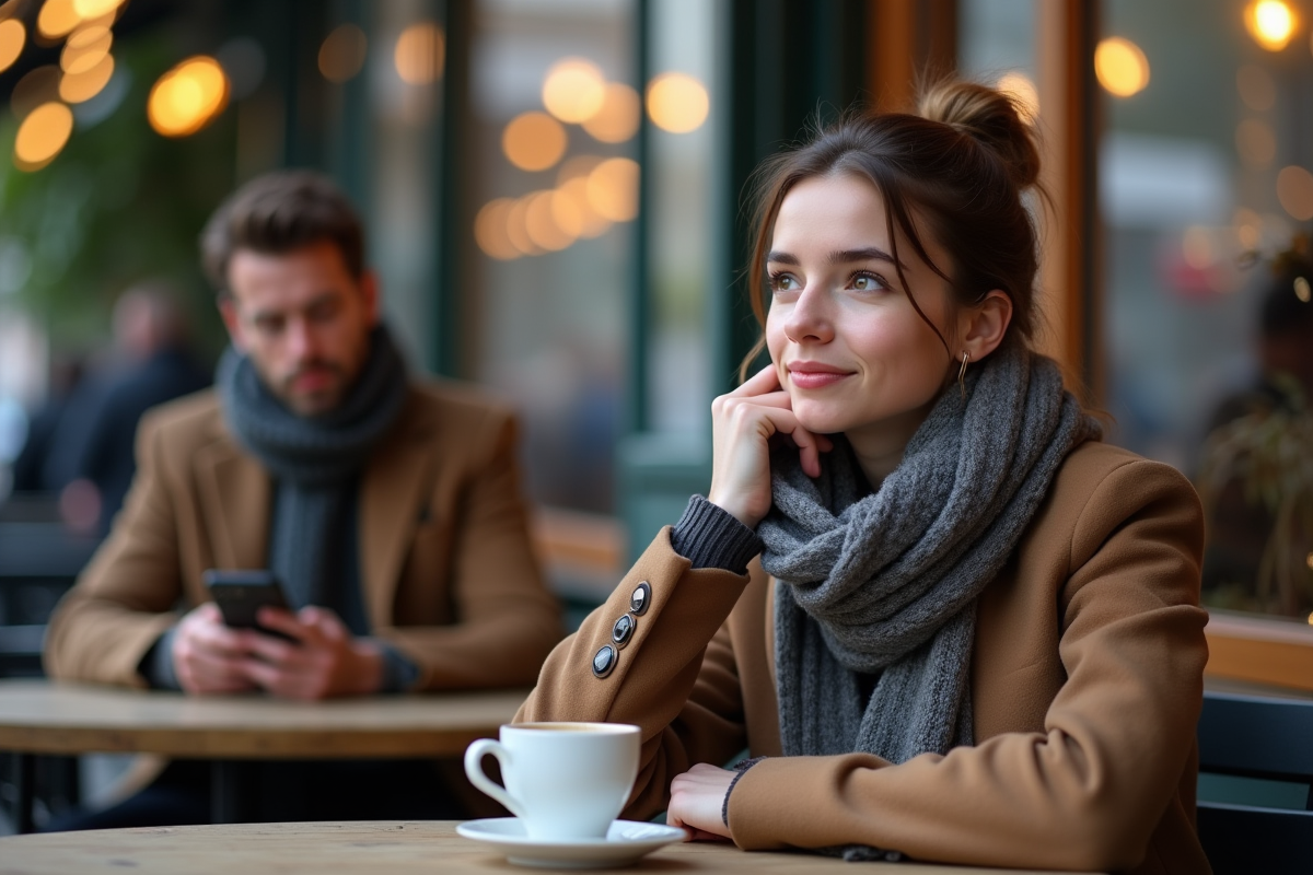 Femme seule au café en pleine réflexion