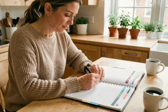 Femme organisant ses rendez-vous partagés sur un calendrier papier semaine impaire 2026 dans une cuisine moderne