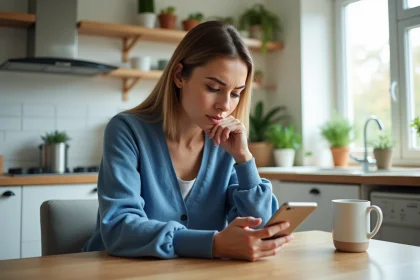 Femme pensant avec smartphone dans cuisine lumineuse