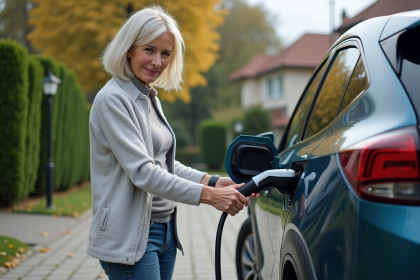Femme branchant une voiture hybride dans une allée résidentielle