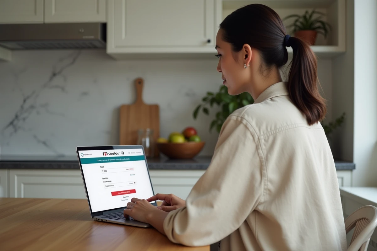 Femme utilisant un code promo Carrefour Drive sur son ordinateur portable dans une cuisine moderne