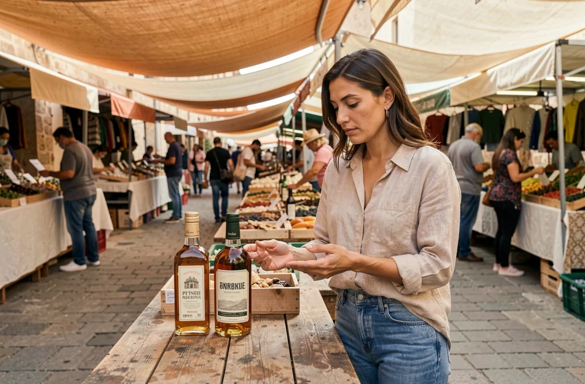 Femme comparant deux bouteilles d'alcool sur un marché en plein air près de la frontière espagnole