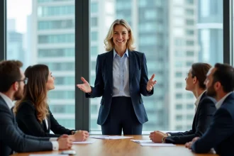 Femme confiante en réunion dans un bureau moderne
