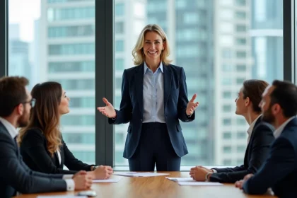 Femme confiante en réunion dans un bureau moderne