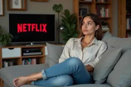 Femme détendue regardant Netflix dans un salon cosy