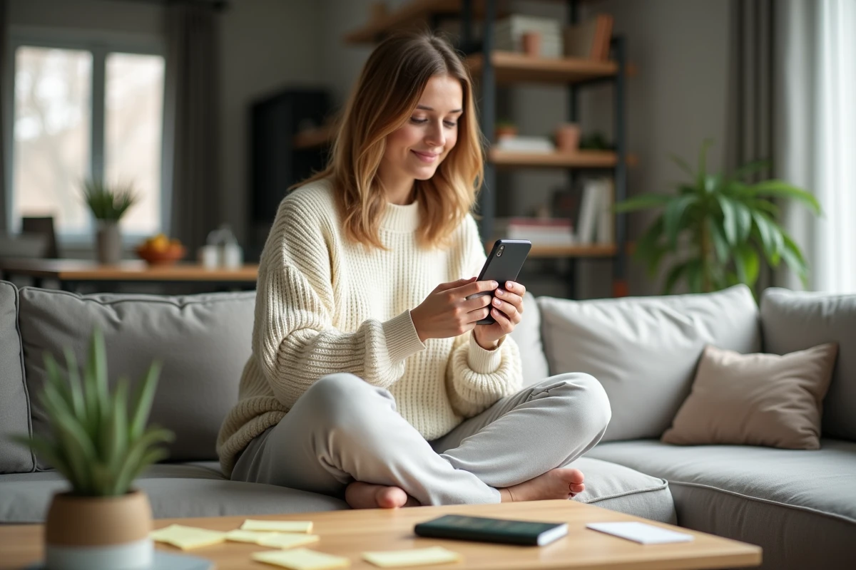 Jeune femme créant un sondage WhatsApp sur son smartphone pour planifier un voyage entre amis