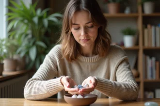 Femme tenant des cristaux polis dans une ambiance paisible