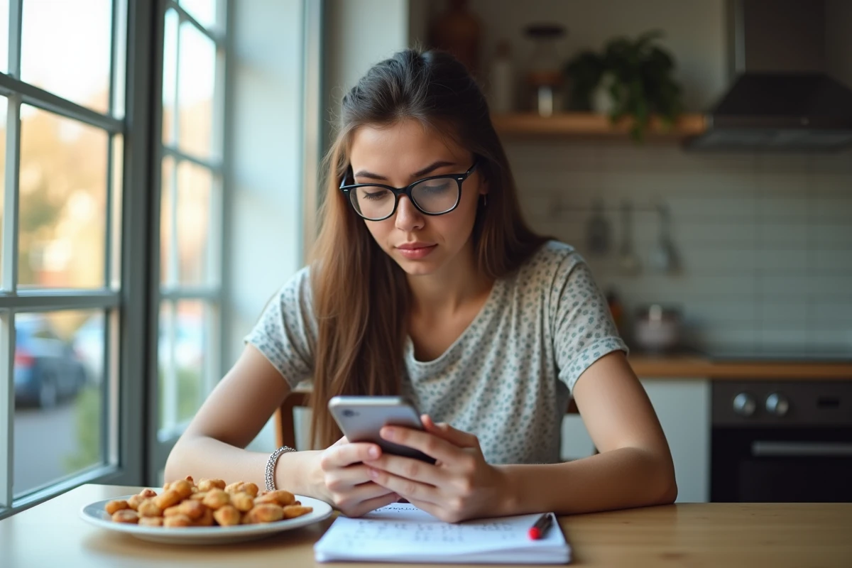 Jeune femme concentrée sur son smartphone à la cuisine