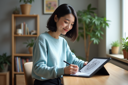 Femme dessinant sur une tablette numérique dans un bureau calme